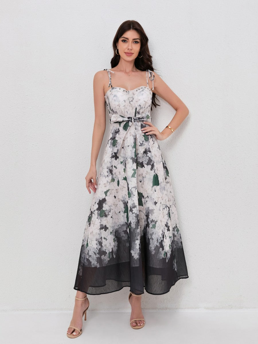Fashion Print V-Neck Sling Dress with Waist Tie