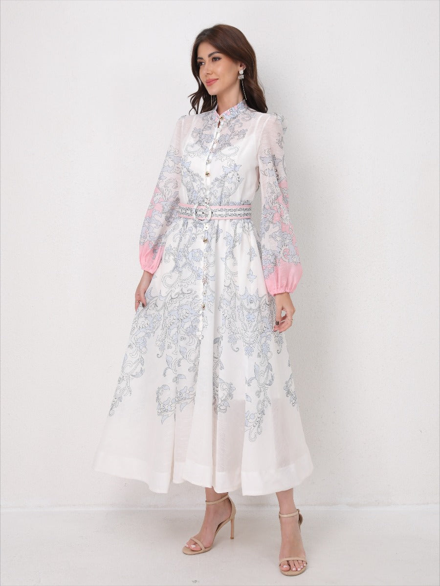 Vintage Printed Lantern Long Sleeves Elegant Dress