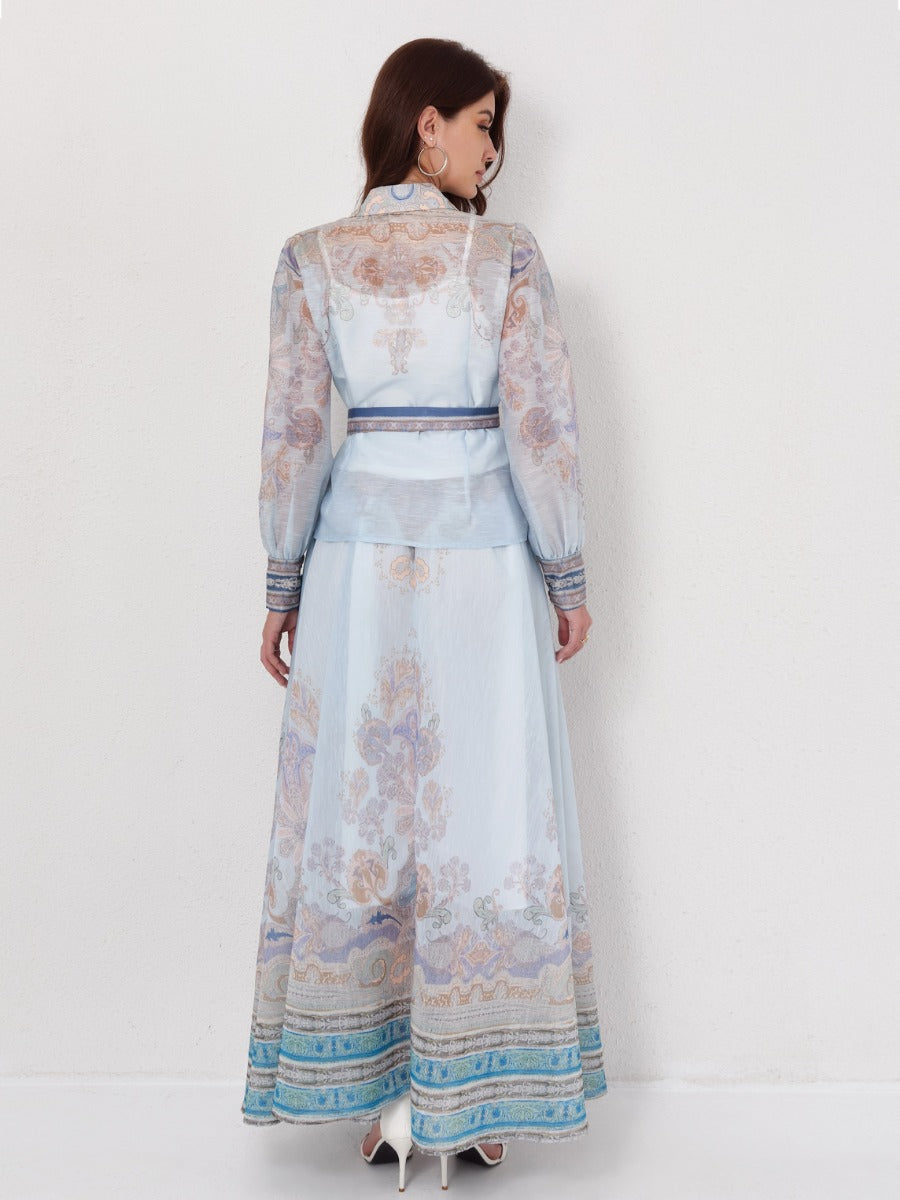 Long Sleeve Printed Blouse MaxiSkirt Set