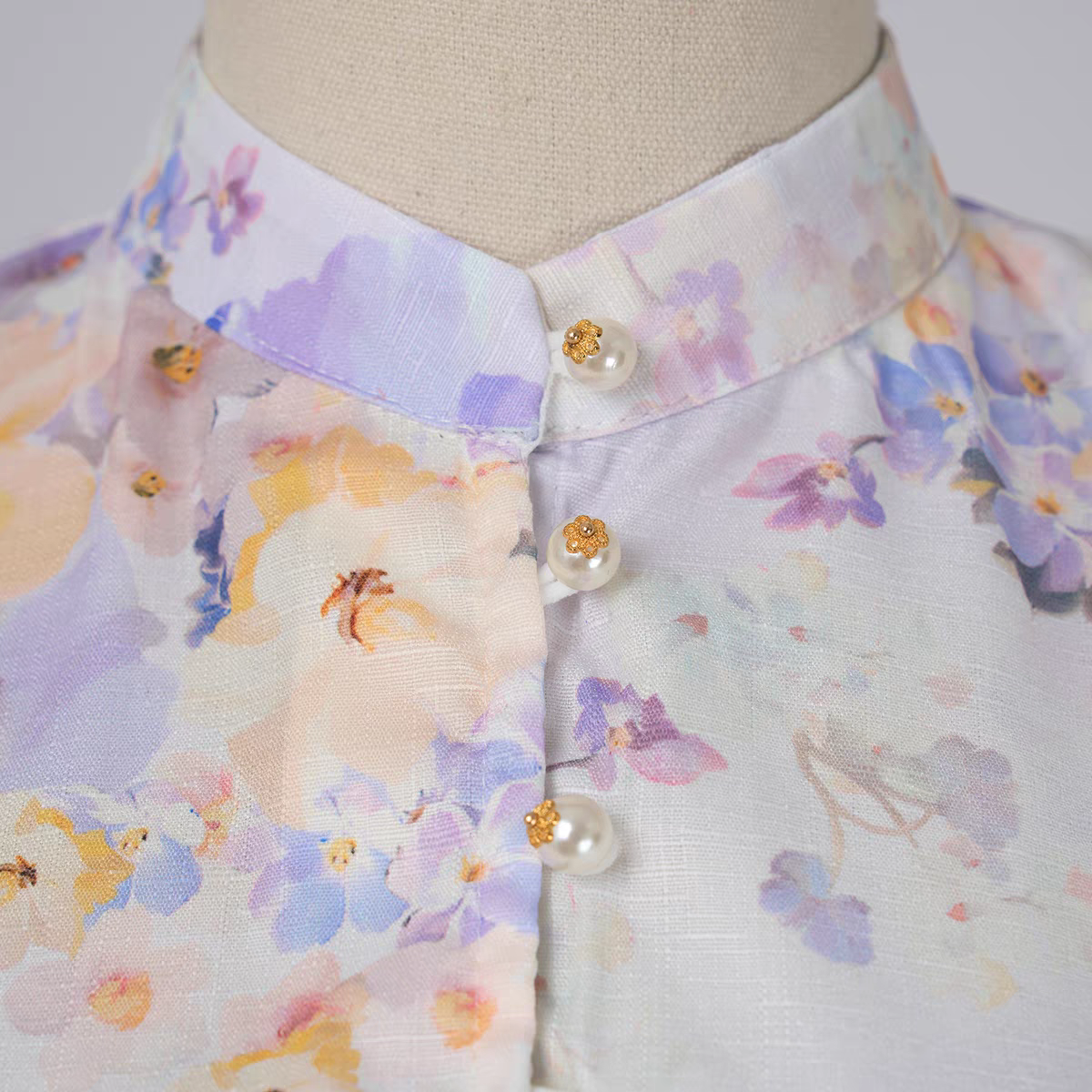 Lilac Flower Print Pearl Button Dress