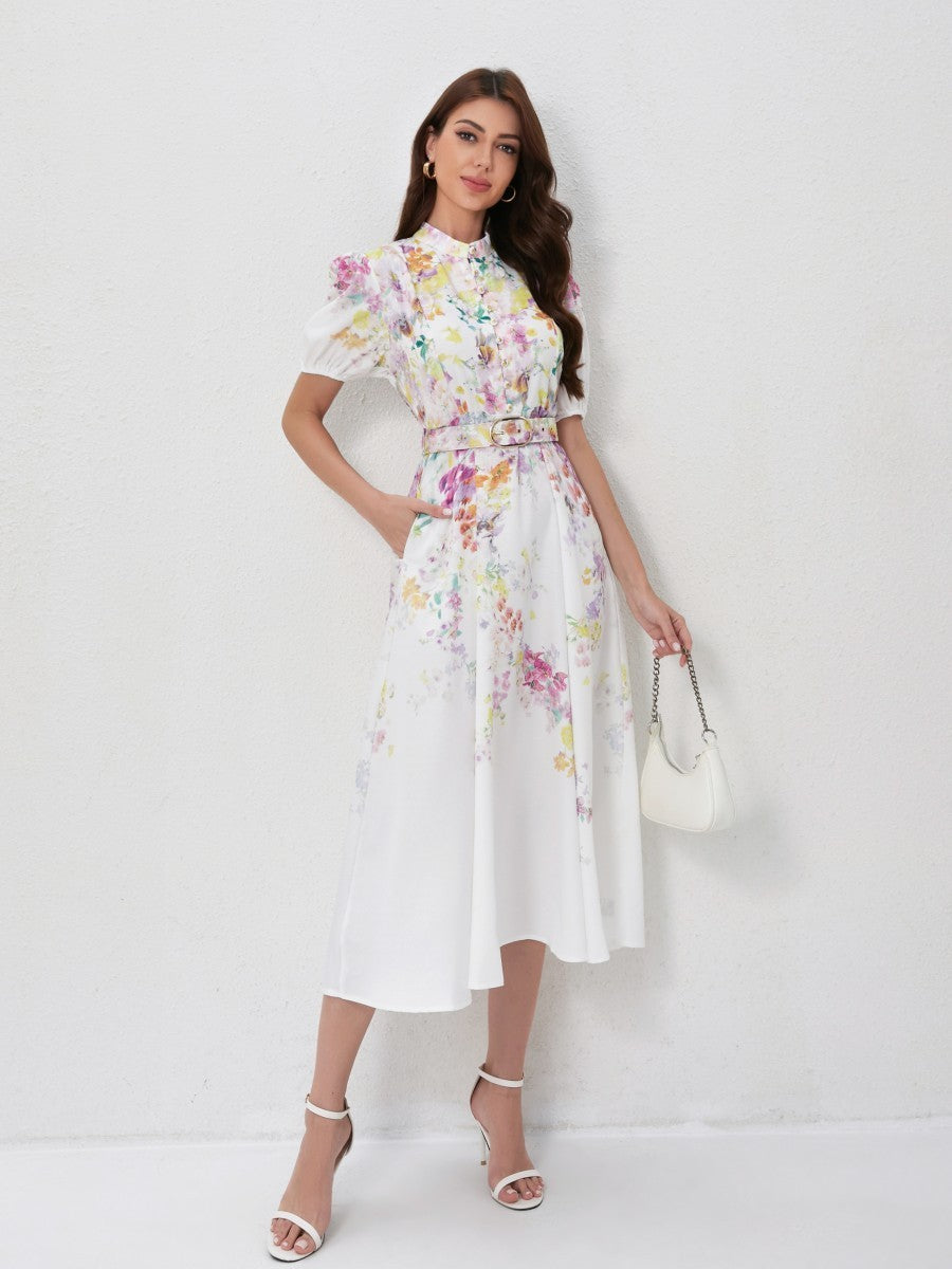 Stand Collar Lantern Sleeve Floral Prints Dresses