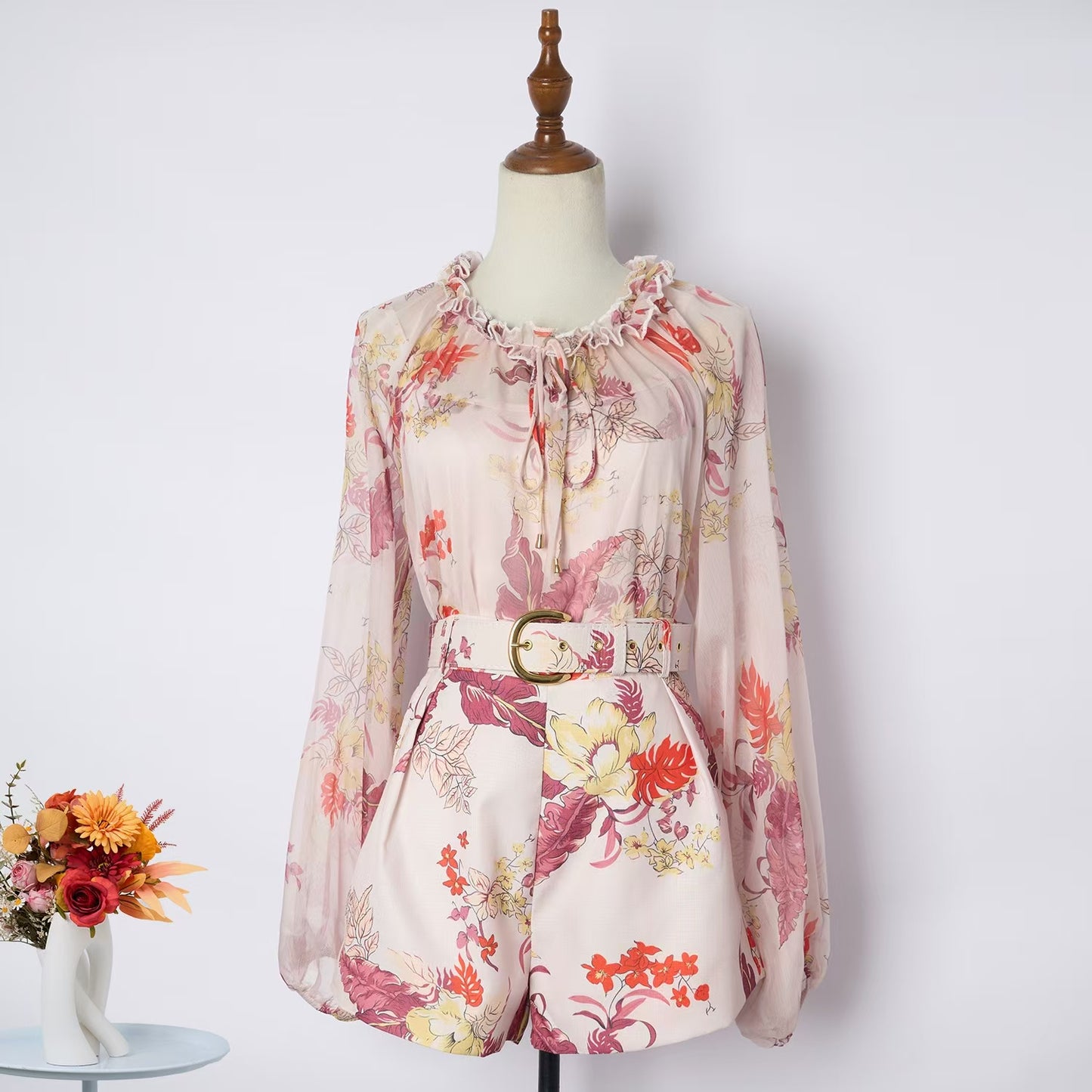 Printed Fungus Collar Long Sleeved Chiffon Sets