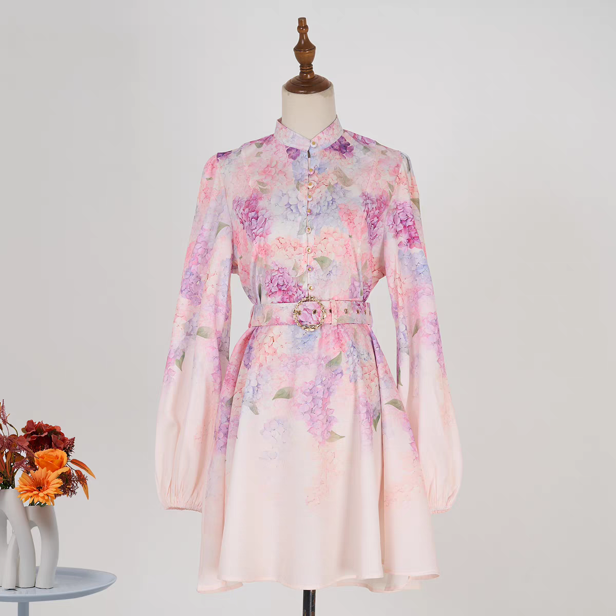Linen Multi-color Flower Pattern Short Dress