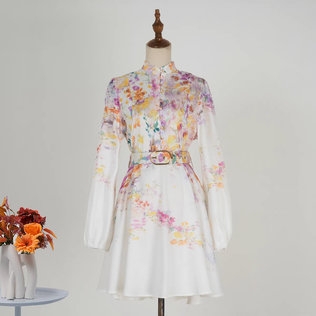 Printed Stand Up Collar Dress