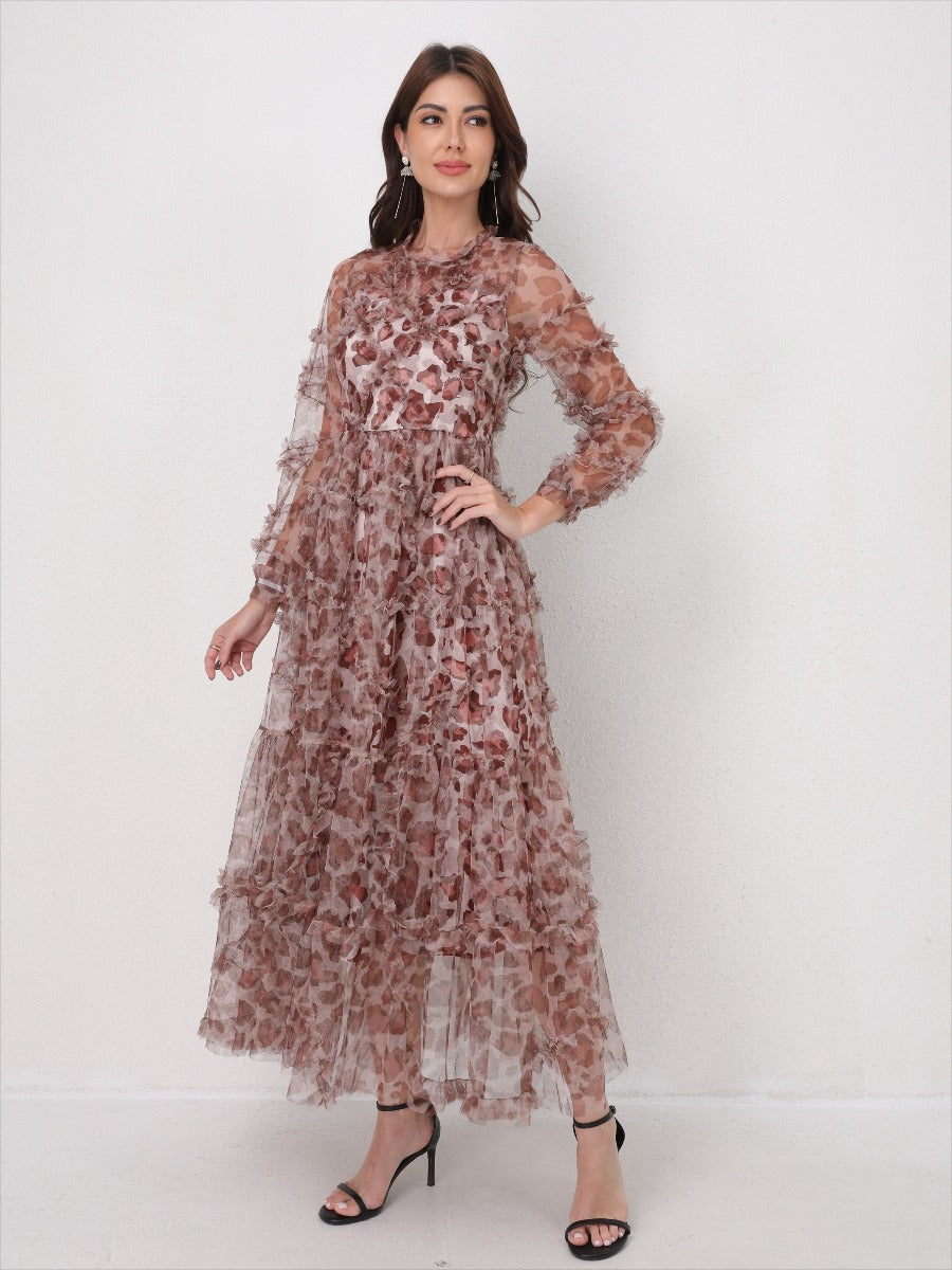 Romantic Tulle Print Ruffled Maxi Dress