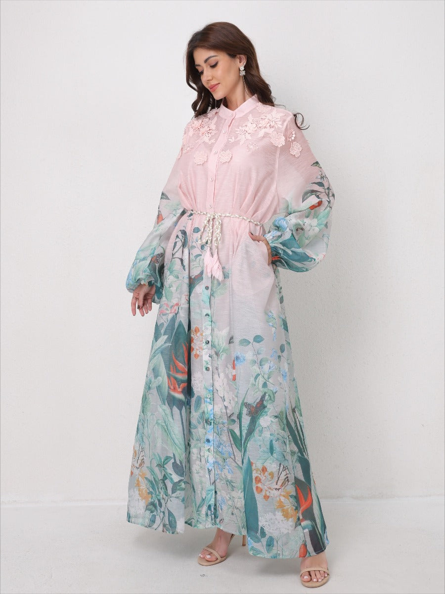 Flared Tie-Waist Print Maxi Dress