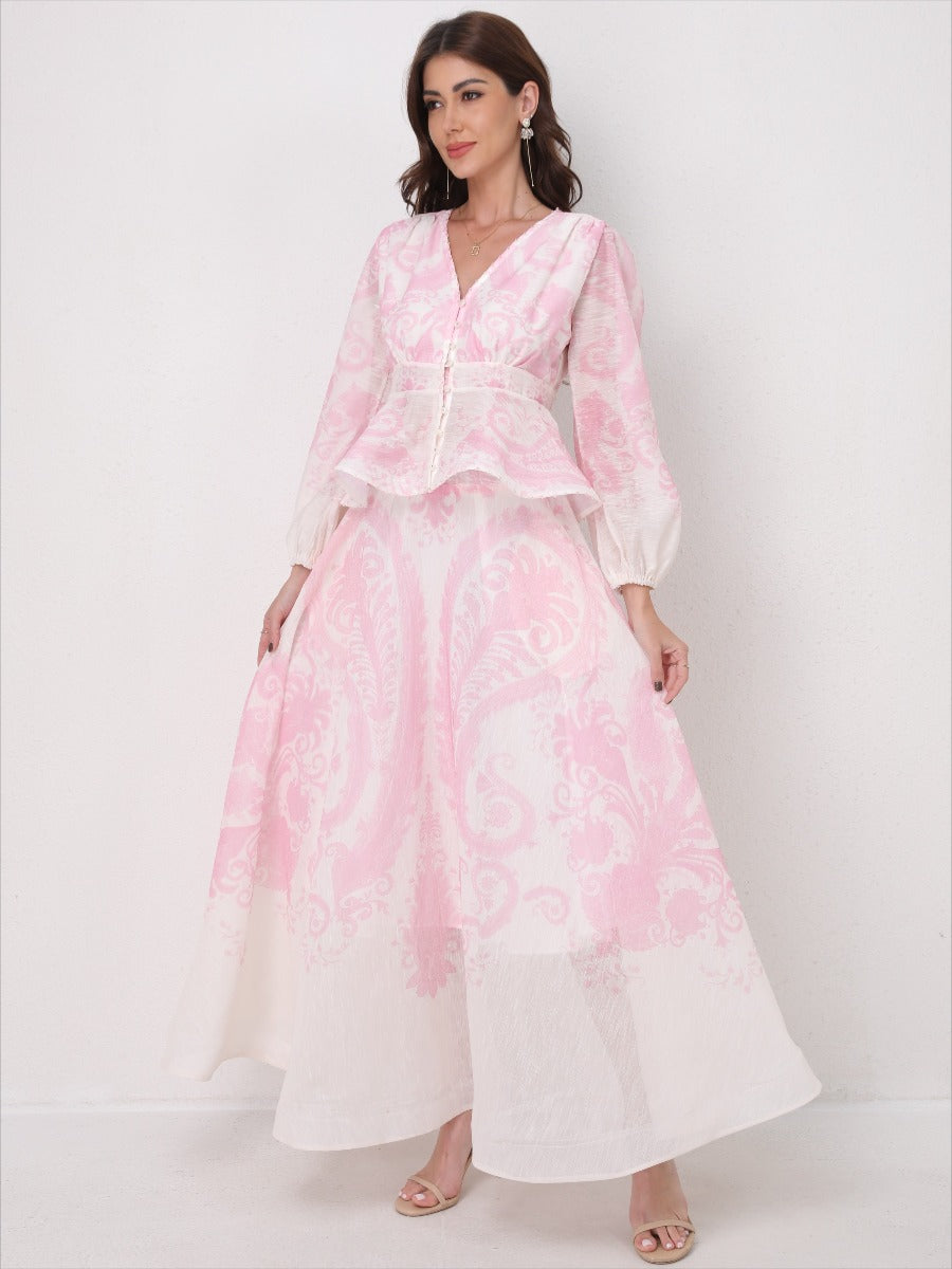 V-Neck Beaded Ruffle Top Midi Skirt Set
