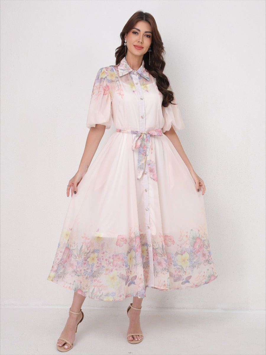 Printed Vacation Dress Tie-Waist Design