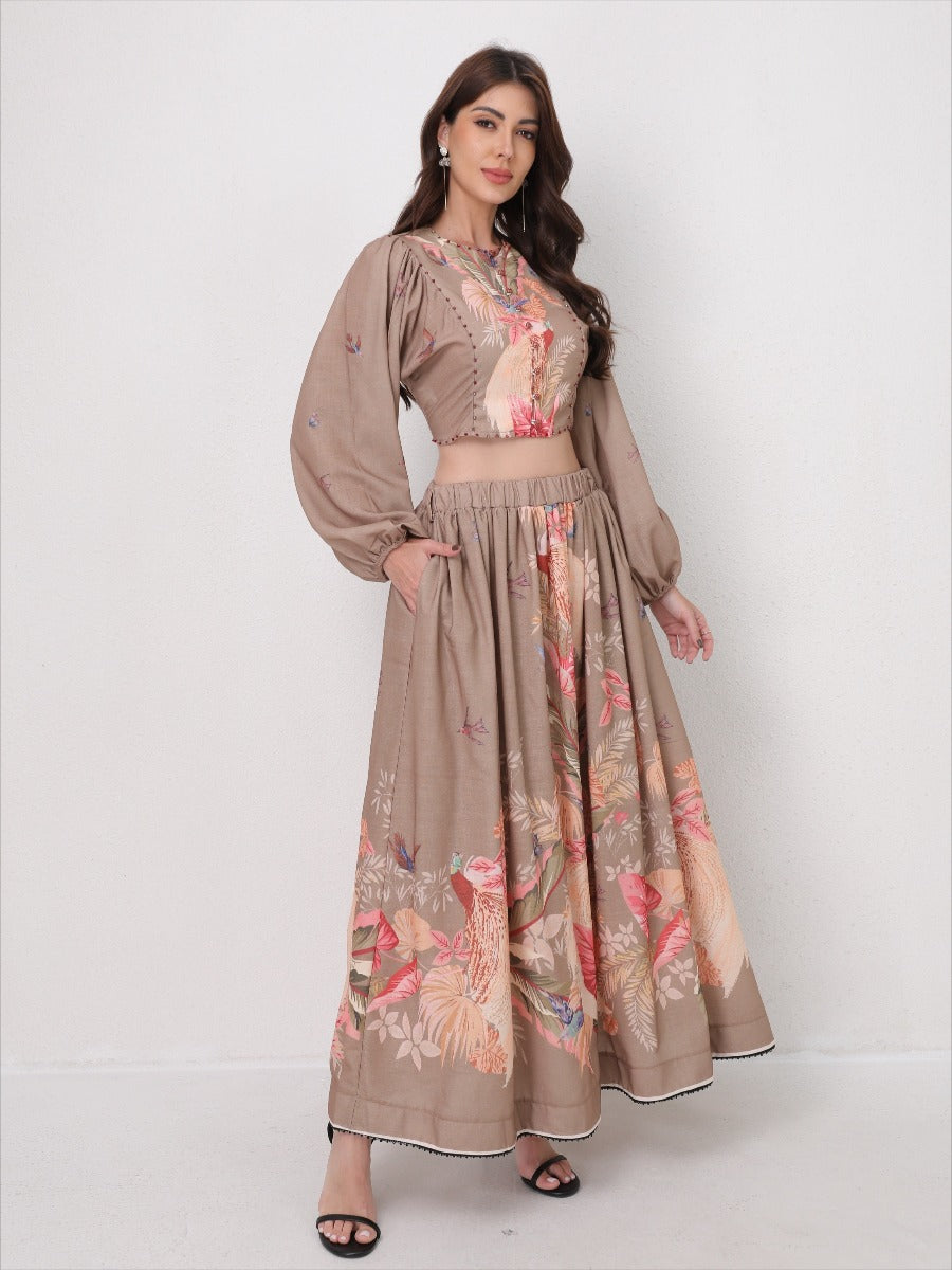 Vacation Floral Print Set Lantern Sleeve Shirt + Midi Skirt