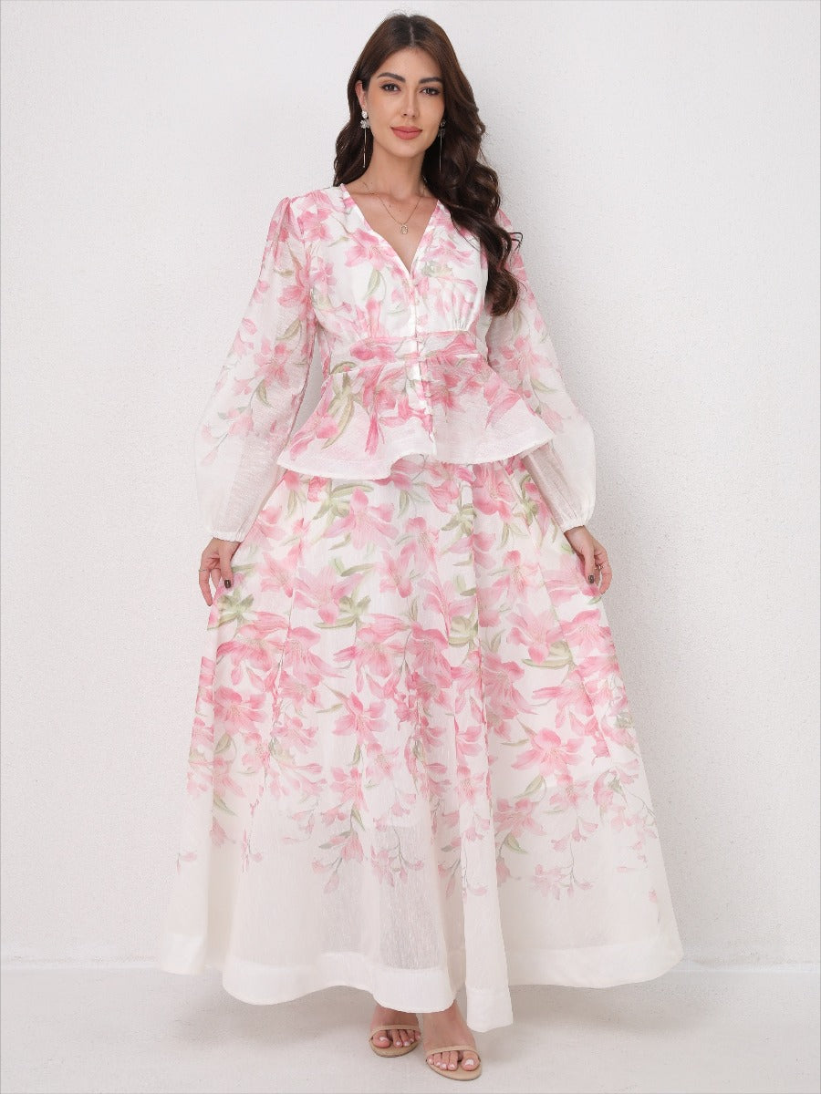 V-Neck Beaded Ruffle Top Midi Skirt Set