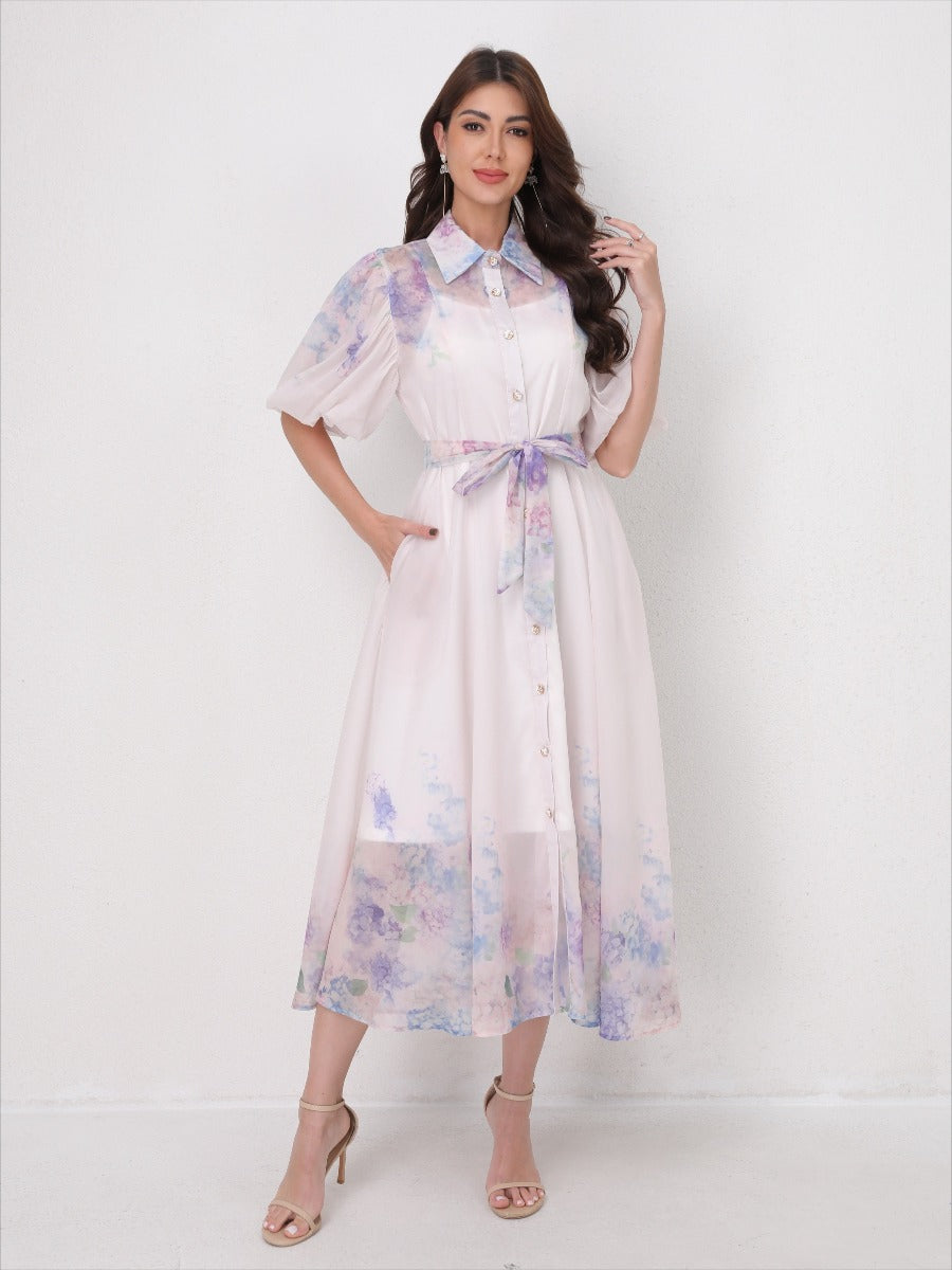 Printed Vacation Dress Tie-Waist Design