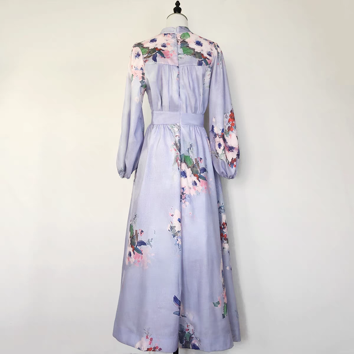 Printed V-neck Blue Long Dress