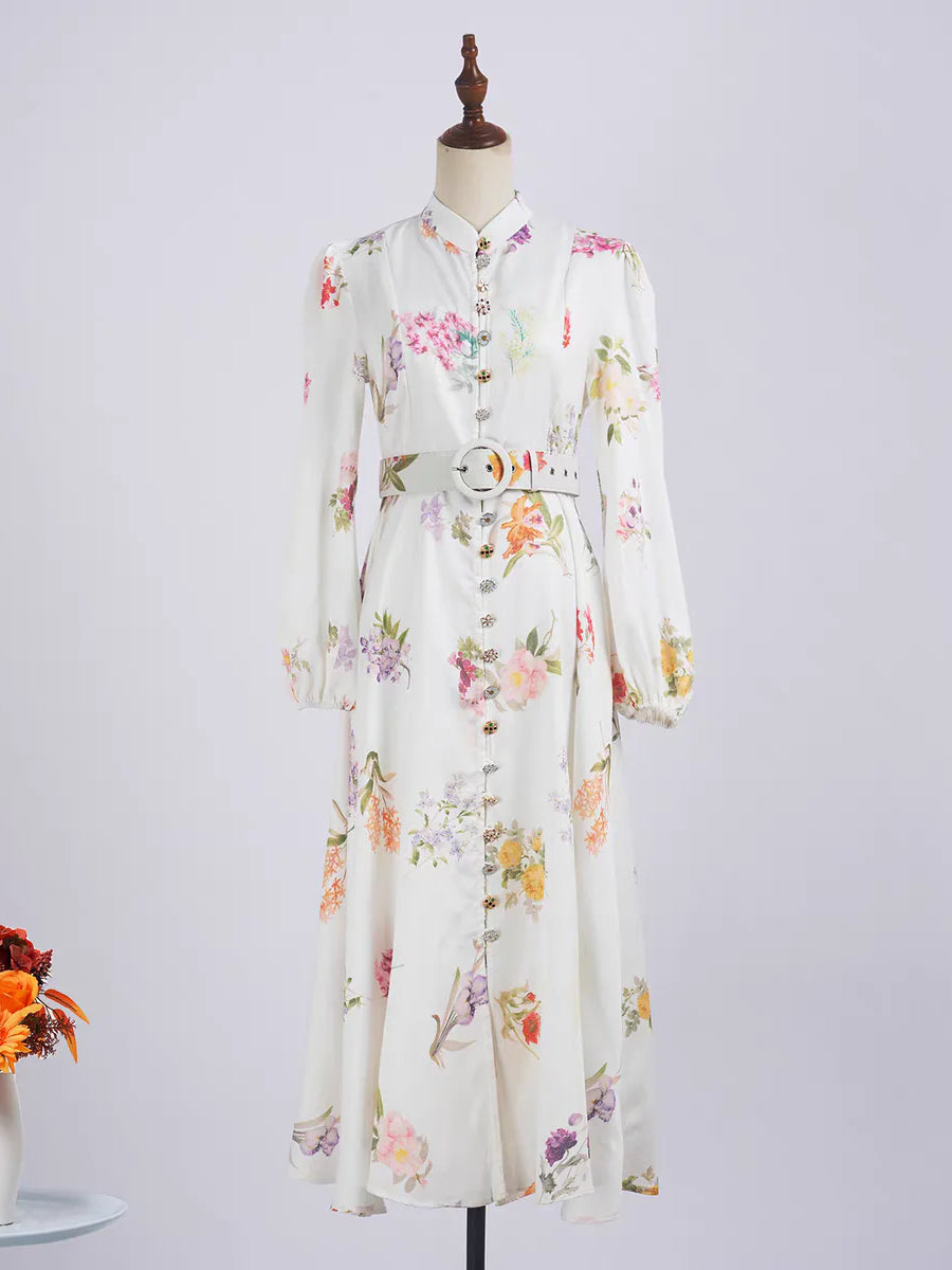 Long Sleeved Printed Cotton Linen Dress