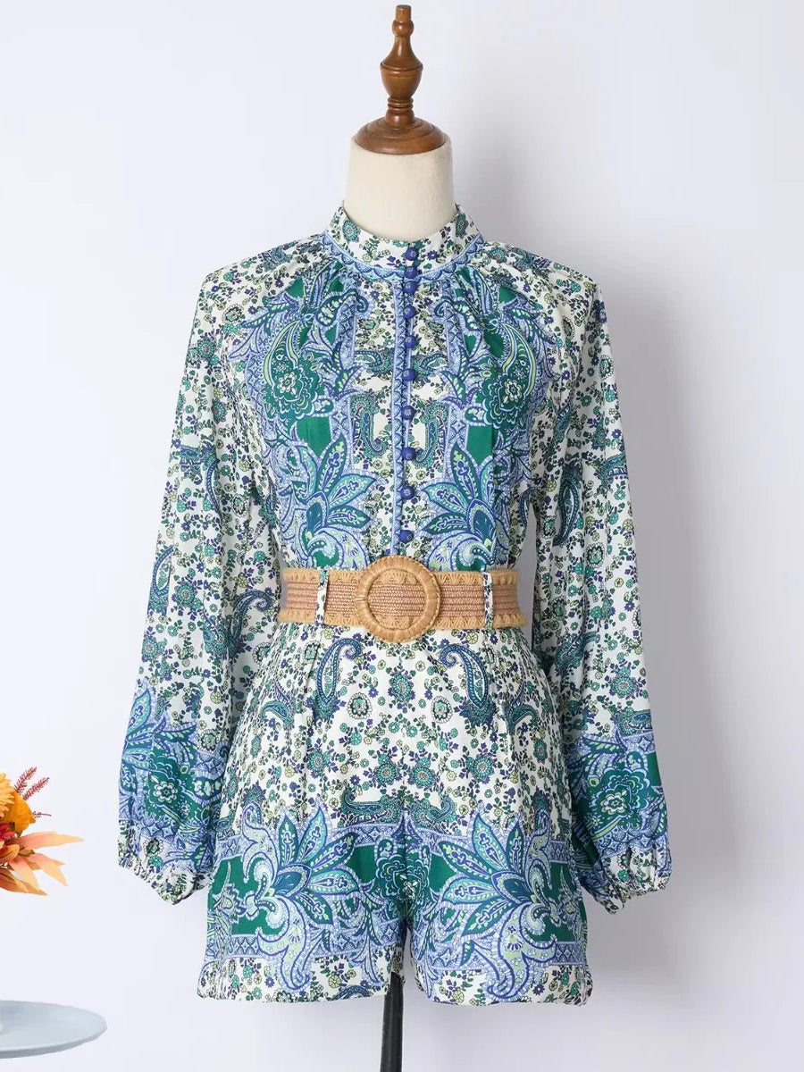 Printed Stand Up Collar Single Breasted Sets