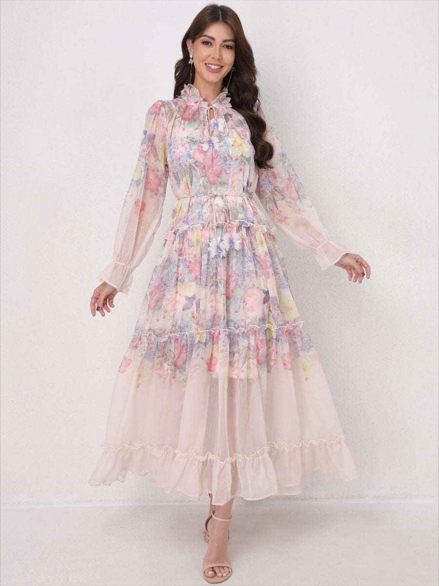 Tie-Waist Long Sleeve Flowy Maxi Dress