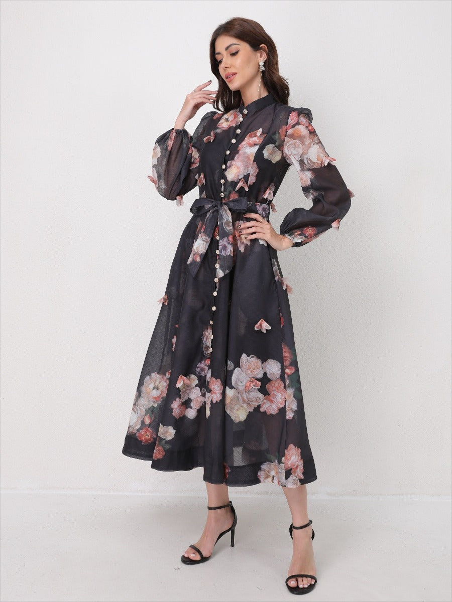 Single Breasted Long Sleeve Florals Maxi Dress
