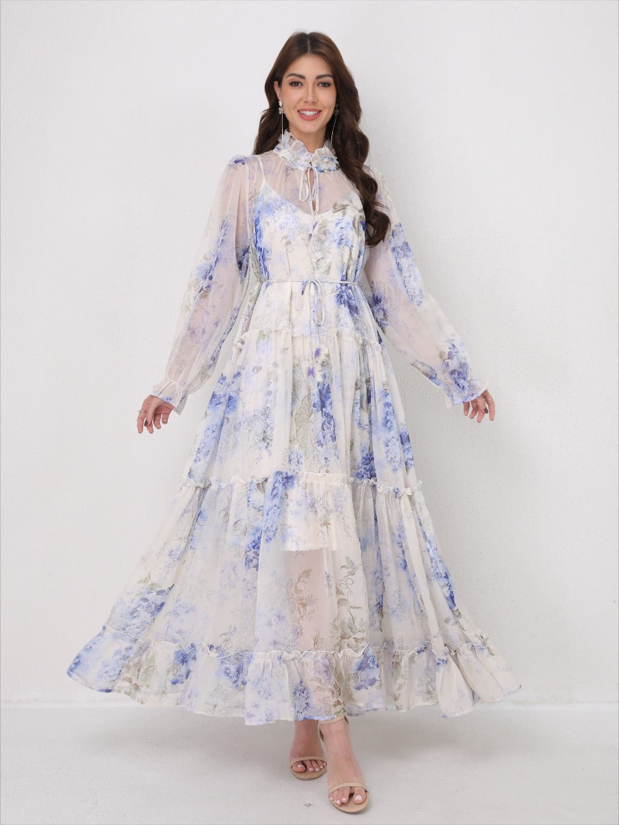 Tie-Waist Long Sleeve Flowy Maxi Dress