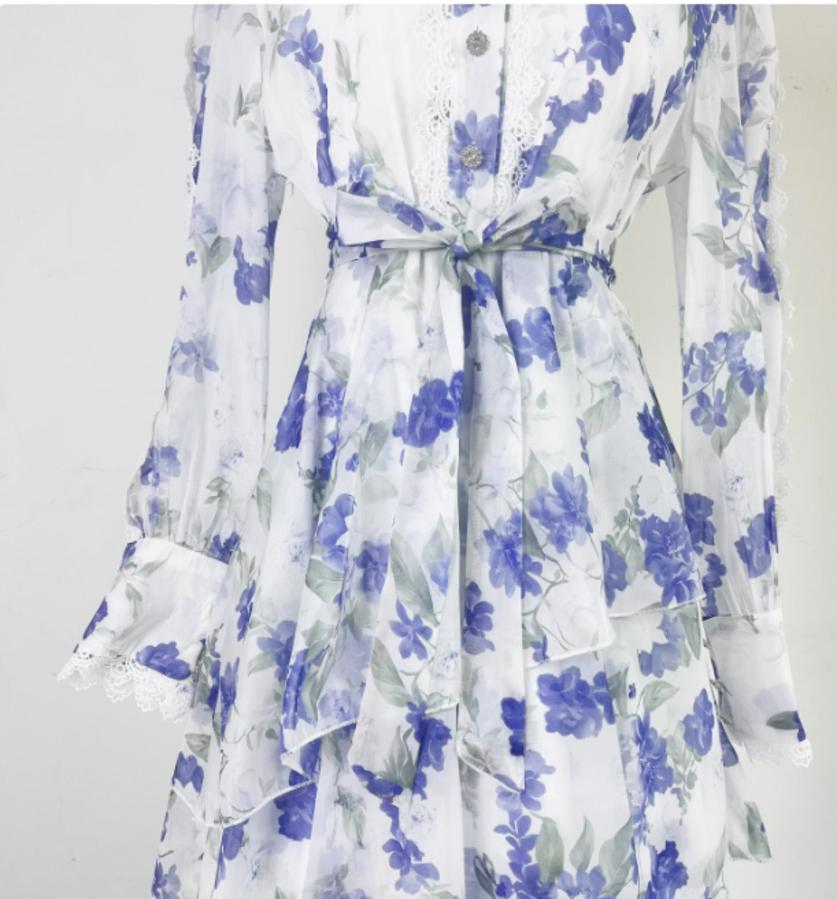 Lace Patchwork Flower Print Cinching Mid Length Dress