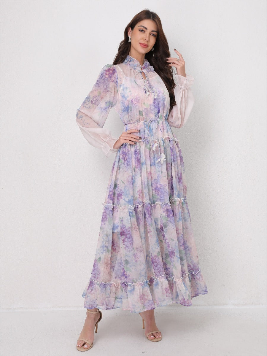 Tie-Waist Long Sleeve Flowy Maxi Dress