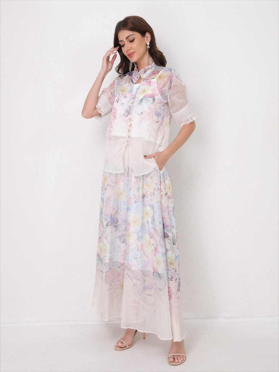 Lightweight Elegant Set Short Sleeve Blouse+Midi Skirt