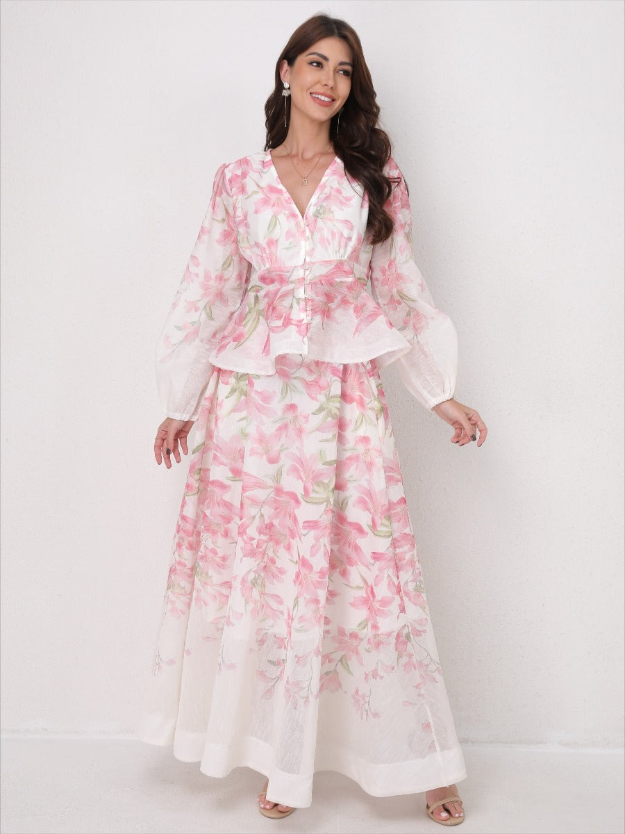 V-Neck Beaded Ruffle Top Midi Skirt Set