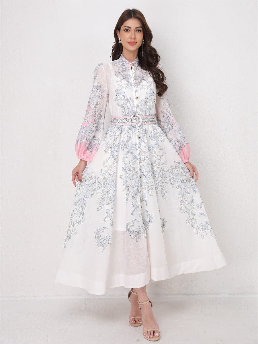 Vintage Printed Lantern Long Sleeves Elegant Dress