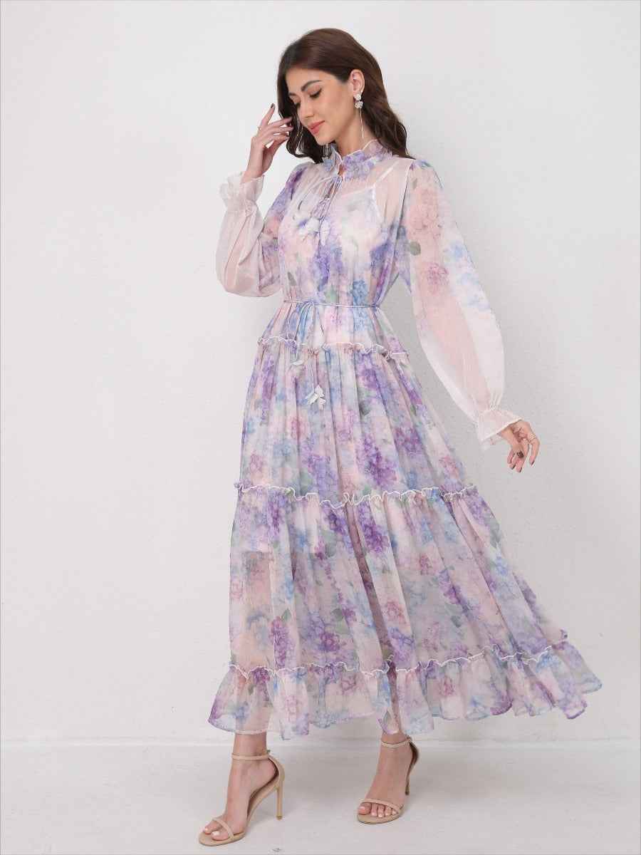 Tie-Waist Long Sleeve Flowy Maxi Dress