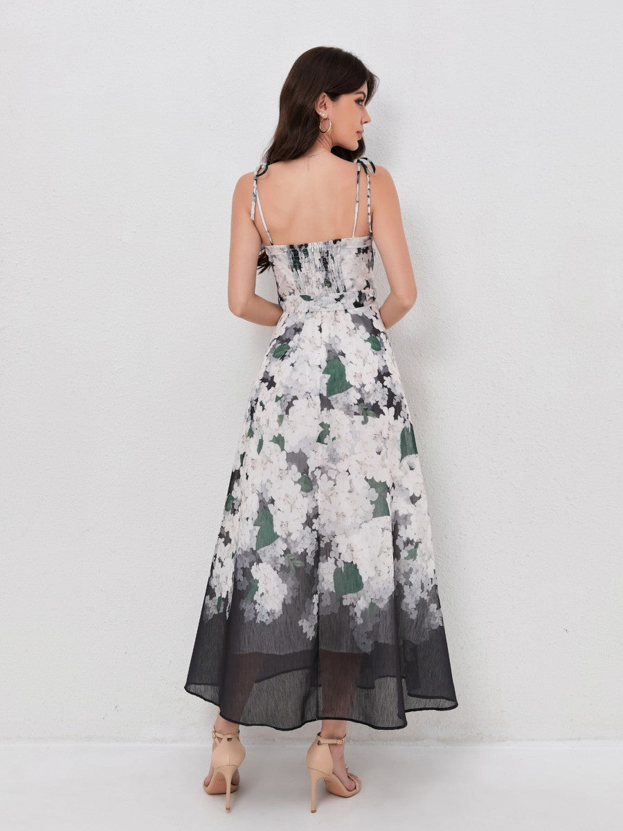 Fashion Print V-Neck Sling Dress with Waist Tie
