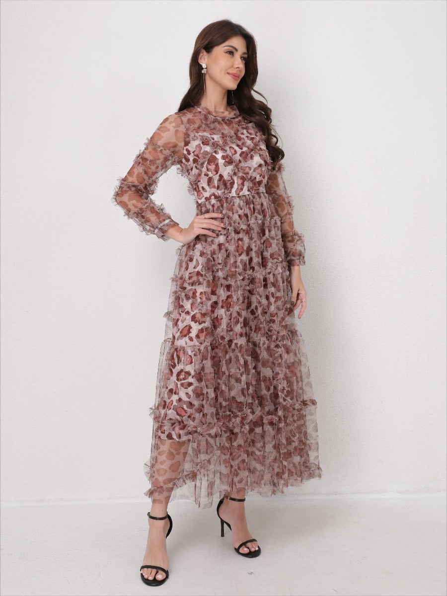 Romantic Tulle Print Ruffled Maxi Dress