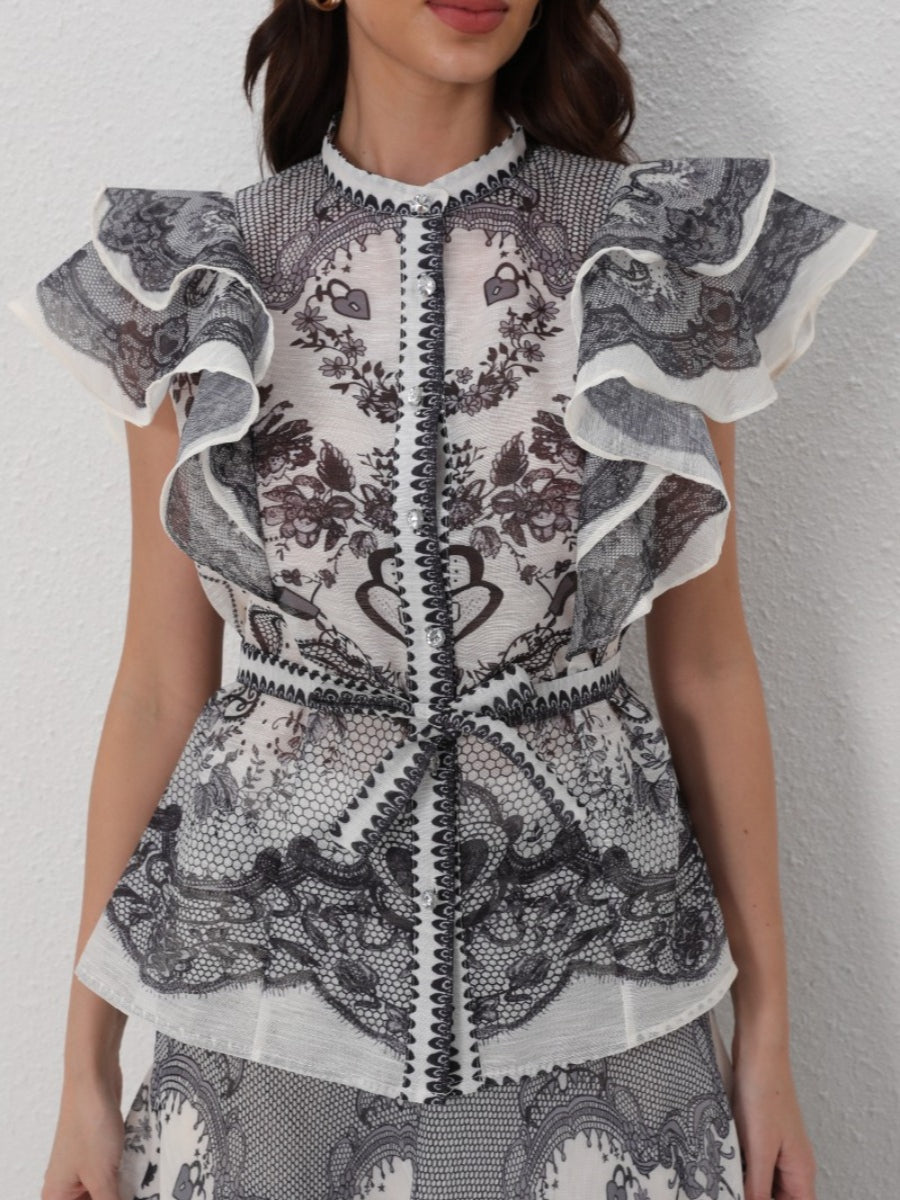 Ruffled Printed Shirt High Waist Skirt Set