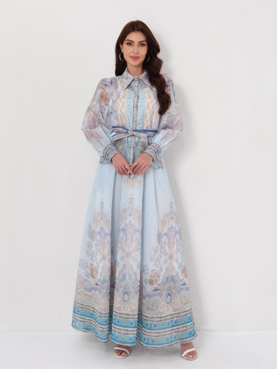Long Sleeve Printed Blouse MaxiSkirt Set
