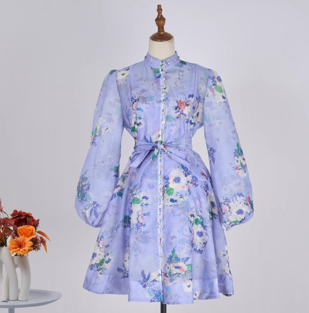 Flower Print Trend Bead Heavy Buttons Short Dress