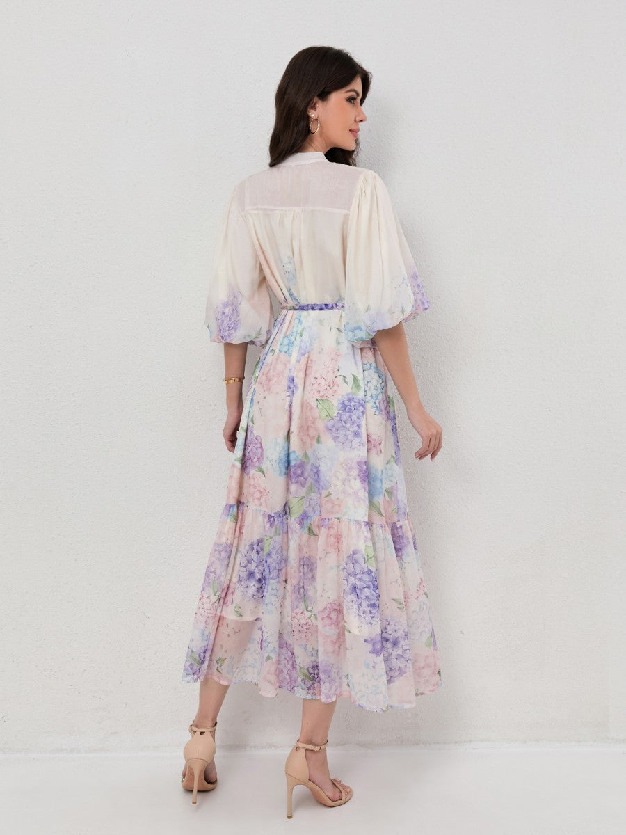 Slimming Puff Short Sleeve Print Dress