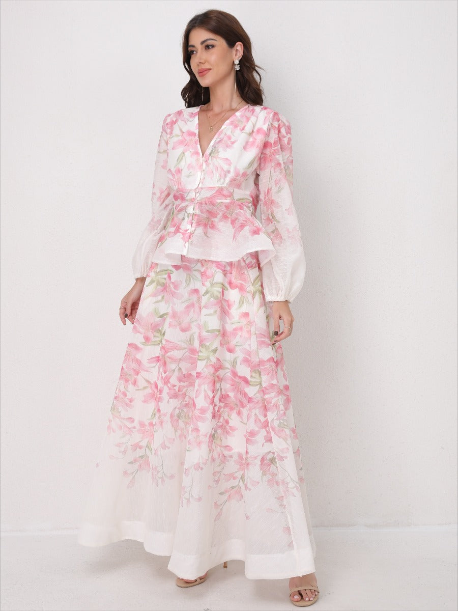 V-Neck Beaded Ruffle Top Midi Skirt Set