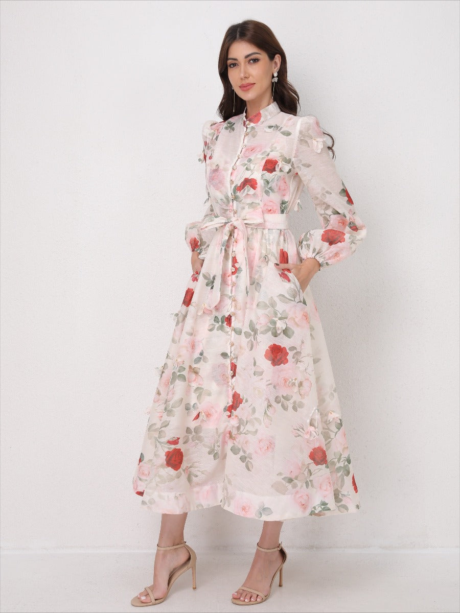 Single Breasted Long Sleeve Florals Maxi Dress