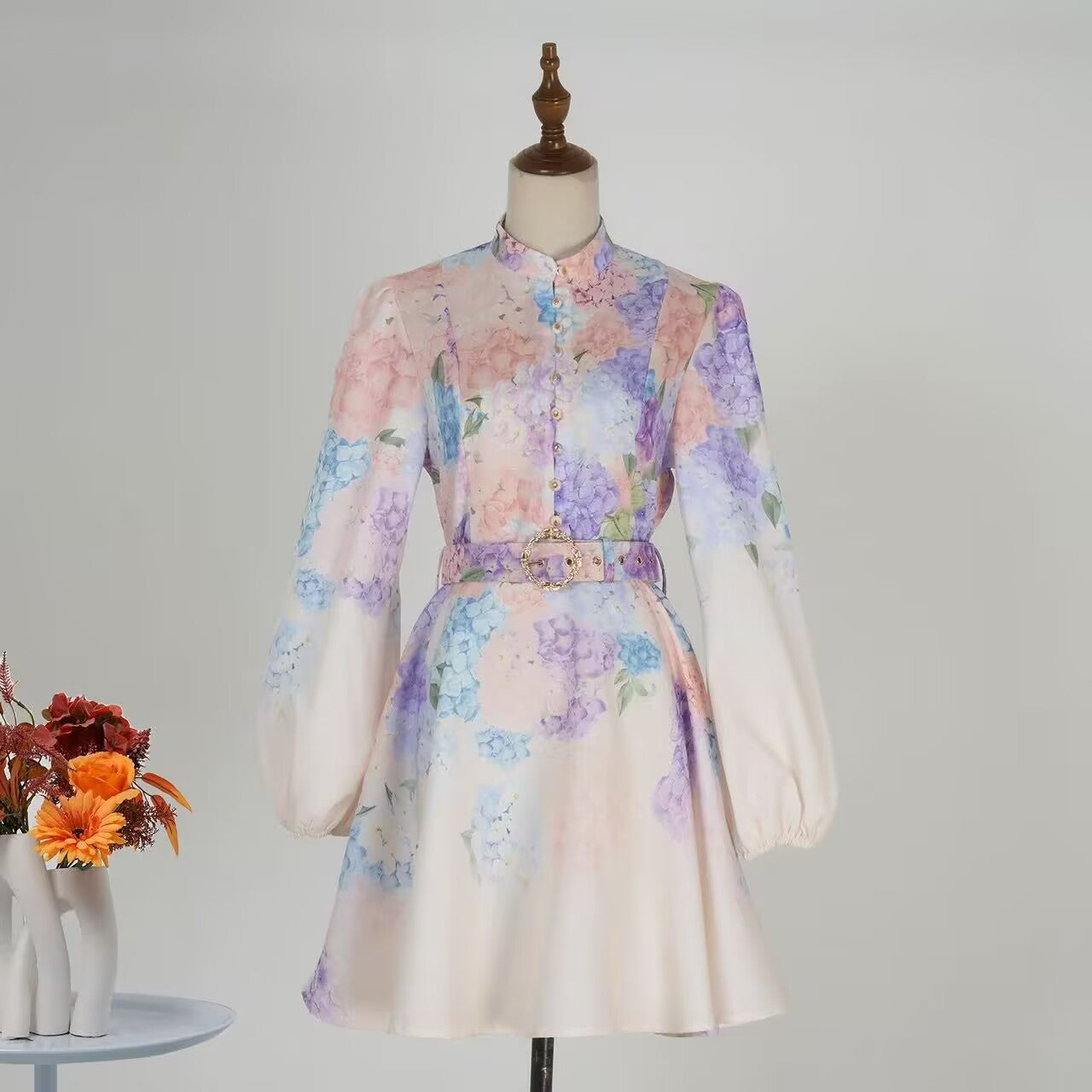 Stand Up Collar Lantern Sleeve Floral Print Dress