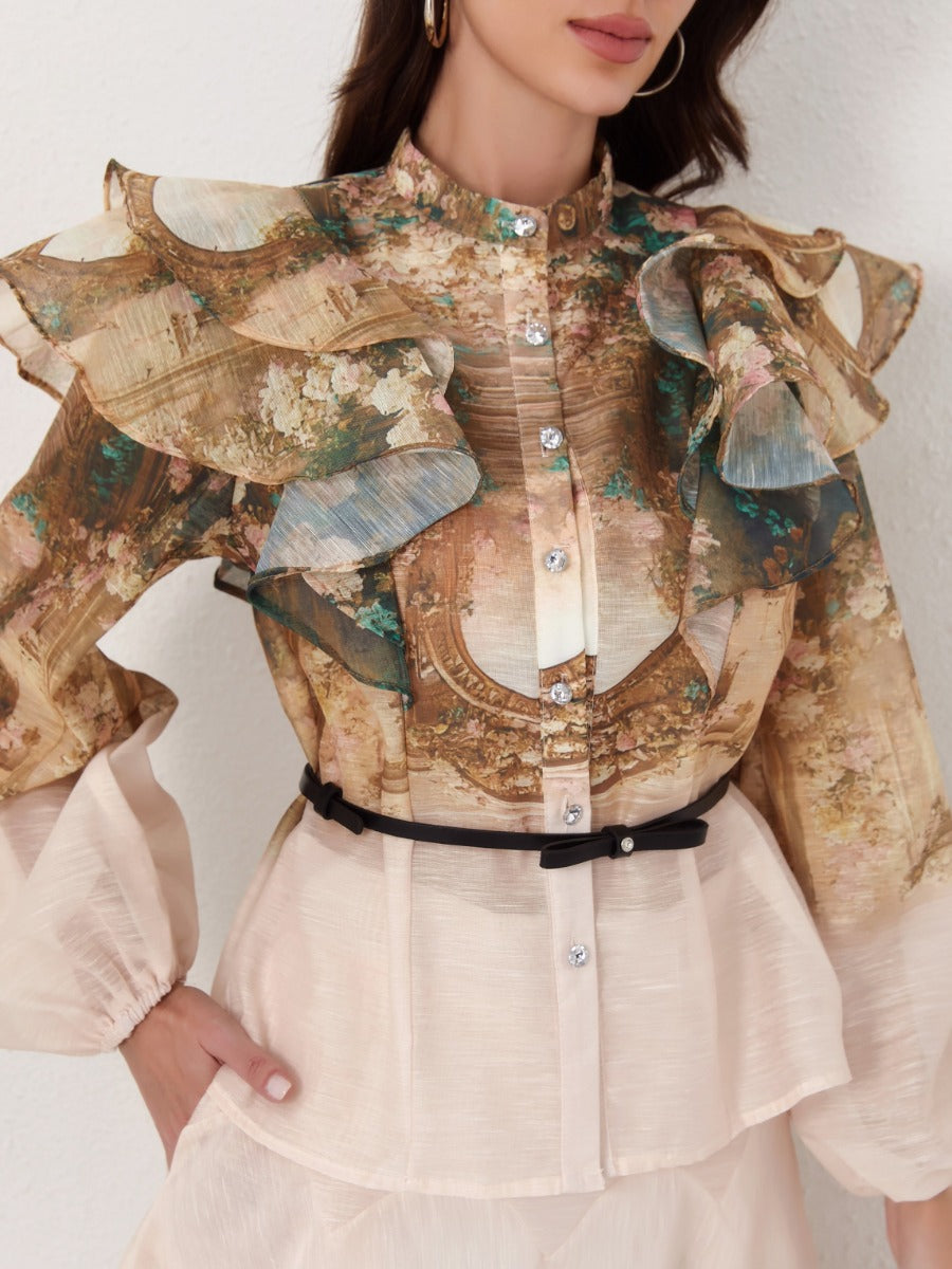 Printed Lantern Sleeve Blouse Puff Skirt Set