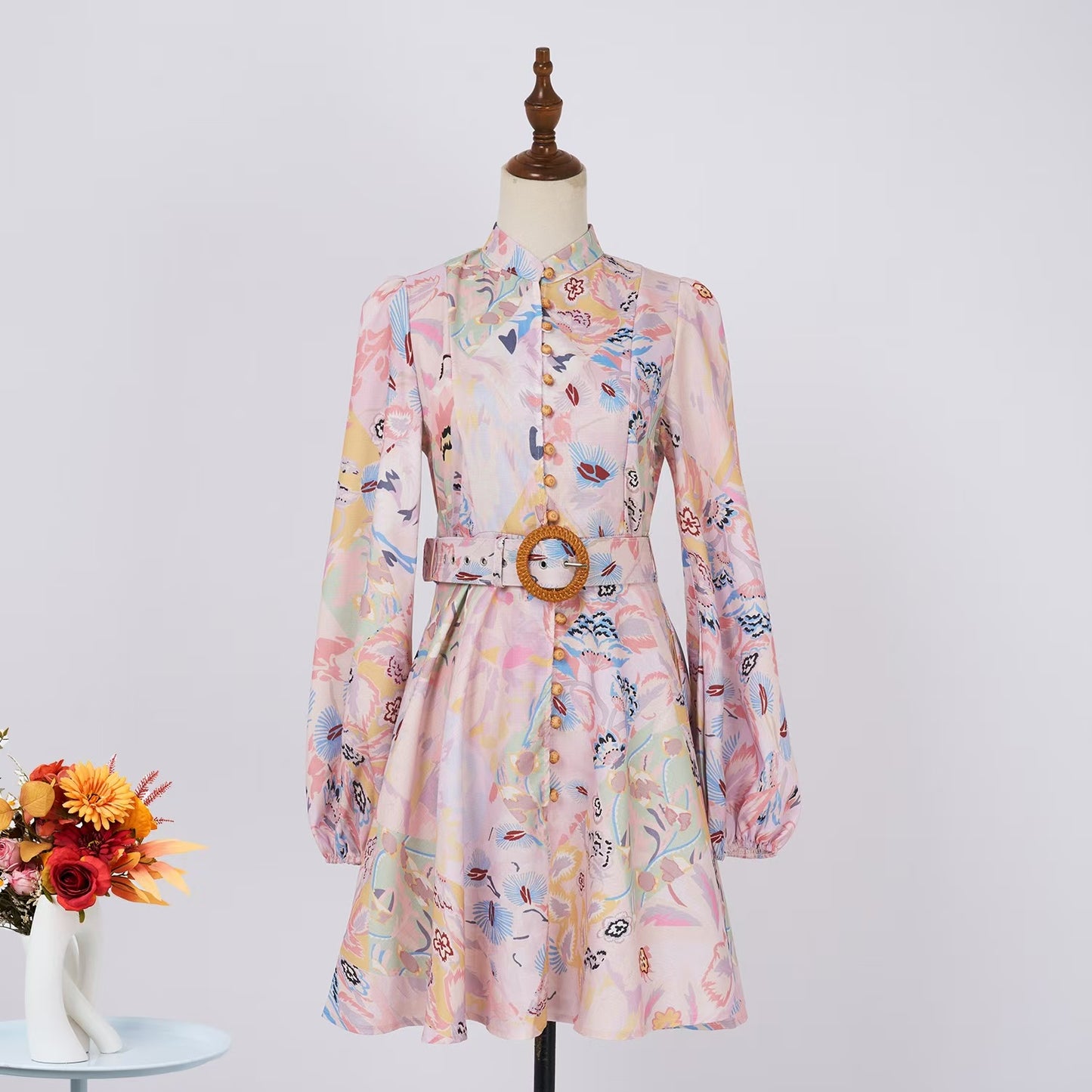 Stand Collar Lantern Sleeve Flower Print Short Dress