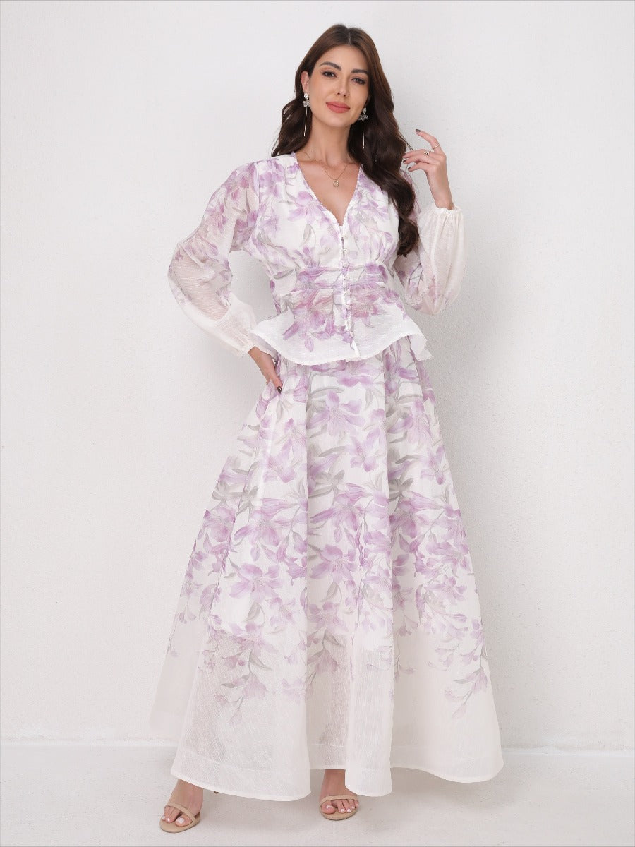 V-Neck Beaded Ruffle Top Midi Skirt Set