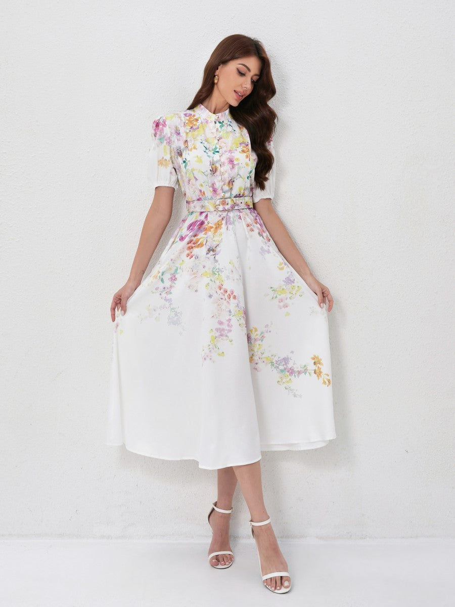Stand Collar Lantern Sleeve Floral Prints Dresses