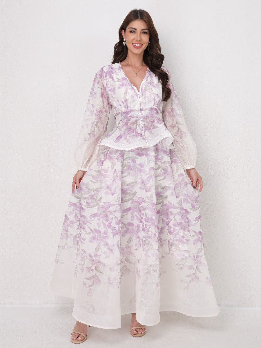 V-Neck Beaded Ruffle Top Midi Skirt Set