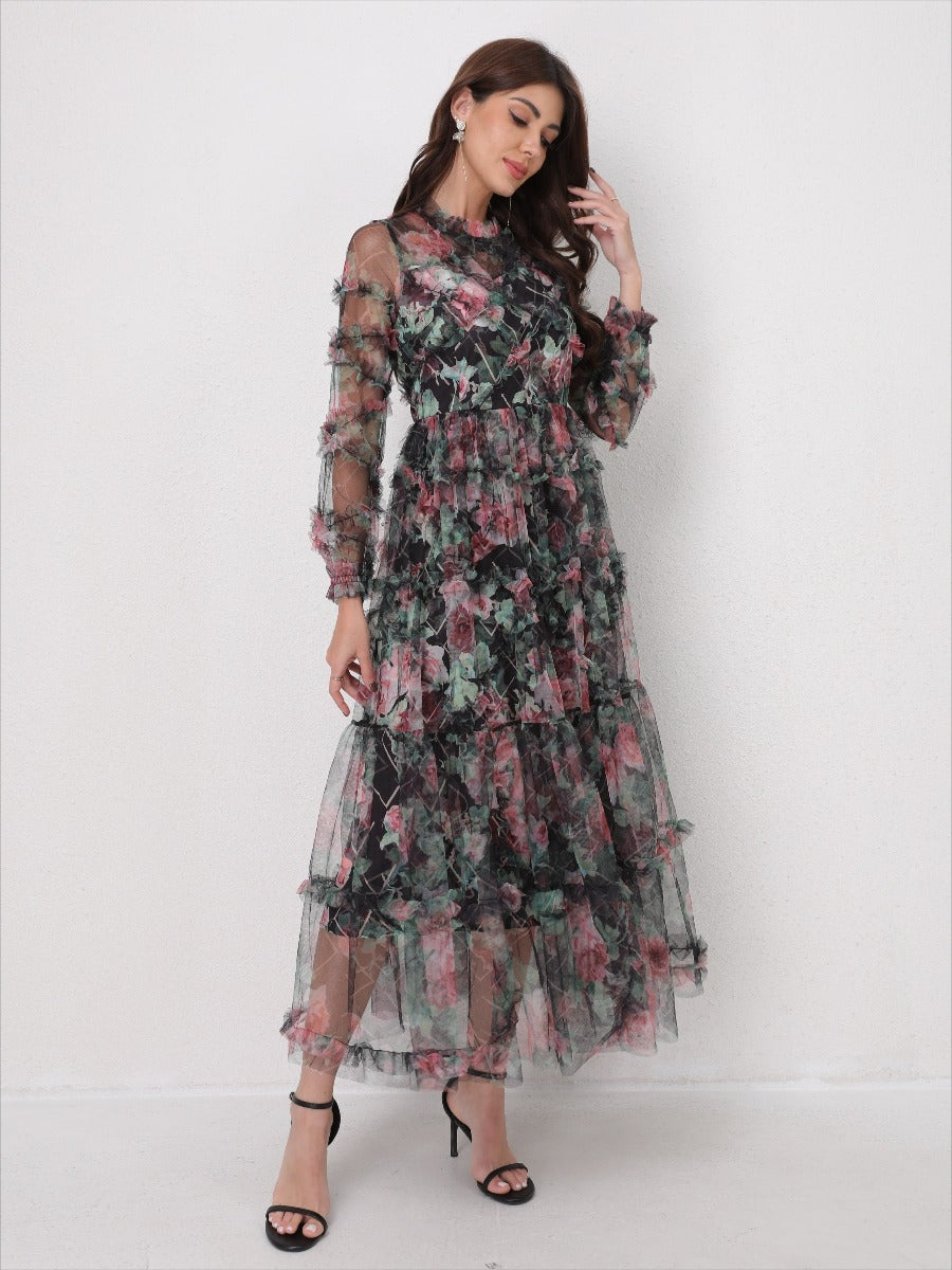 Romantic Tulle Print Ruffled Maxi Dress