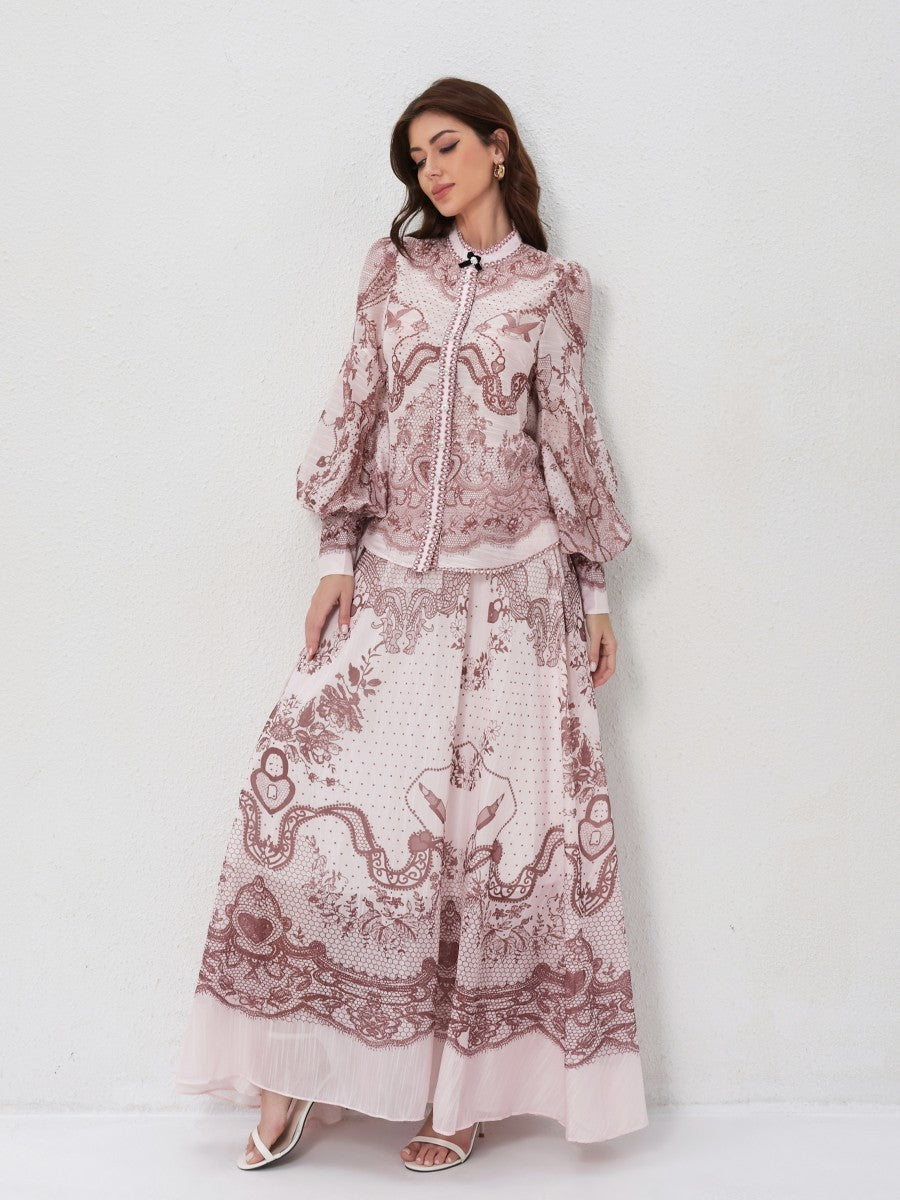 Set Stand Collar Button Top High Waist Vintage Floral Skirt
