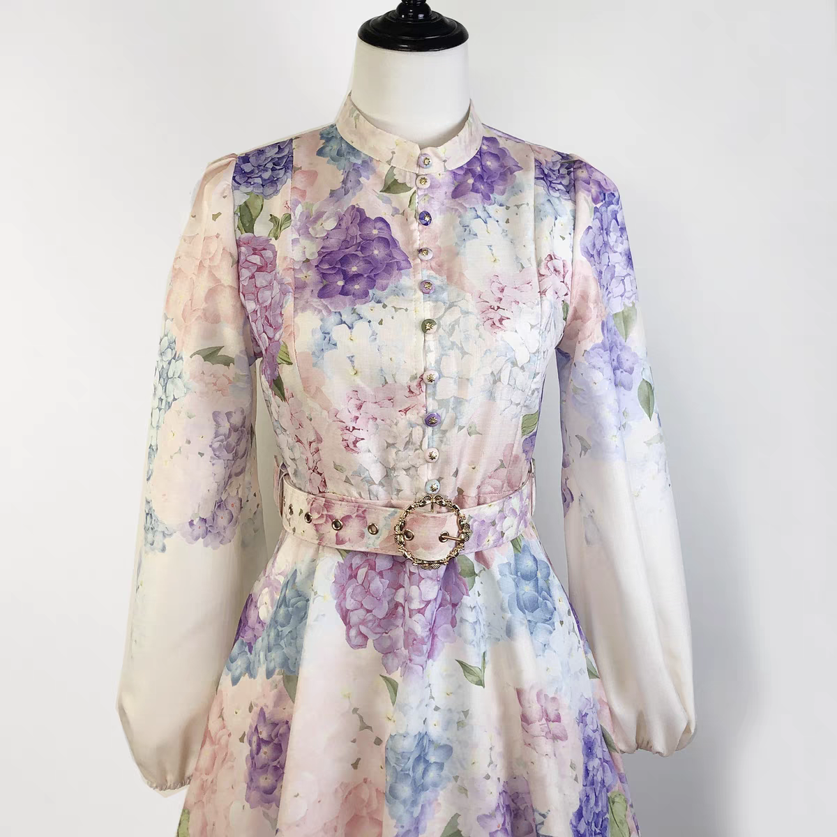Stand Up Collar Lantern Sleeve Floral Print Dress