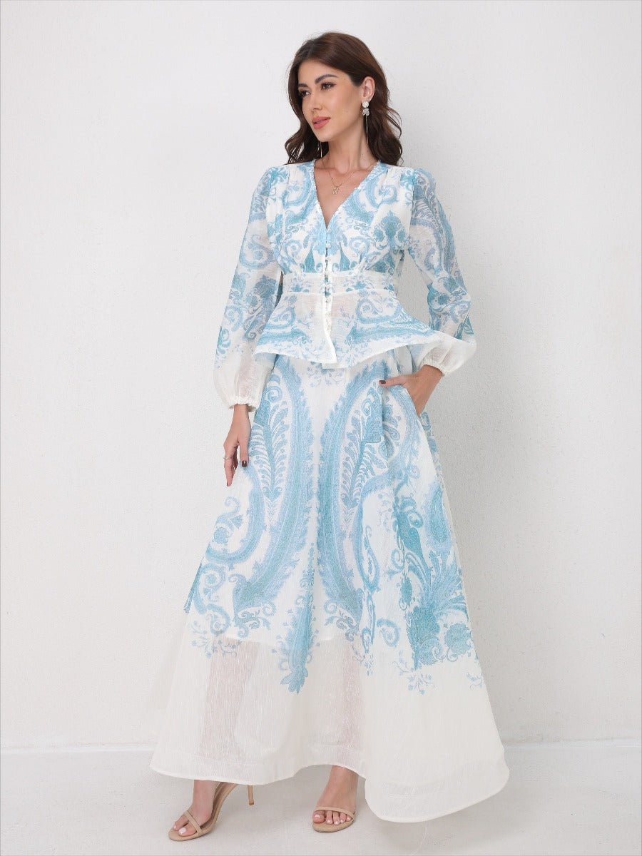 V-Neck Beaded Ruffle Top Midi Skirt Set