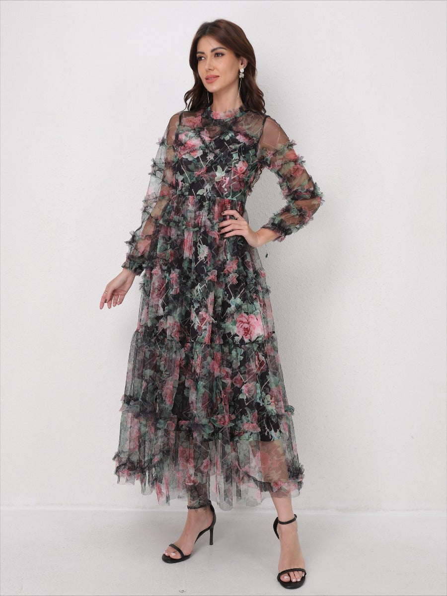 Romantic Tulle Print Ruffled Maxi Dress