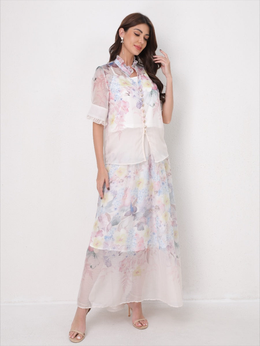 Lightweight Elegant Set Short Sleeve Blouse+Midi Skirt