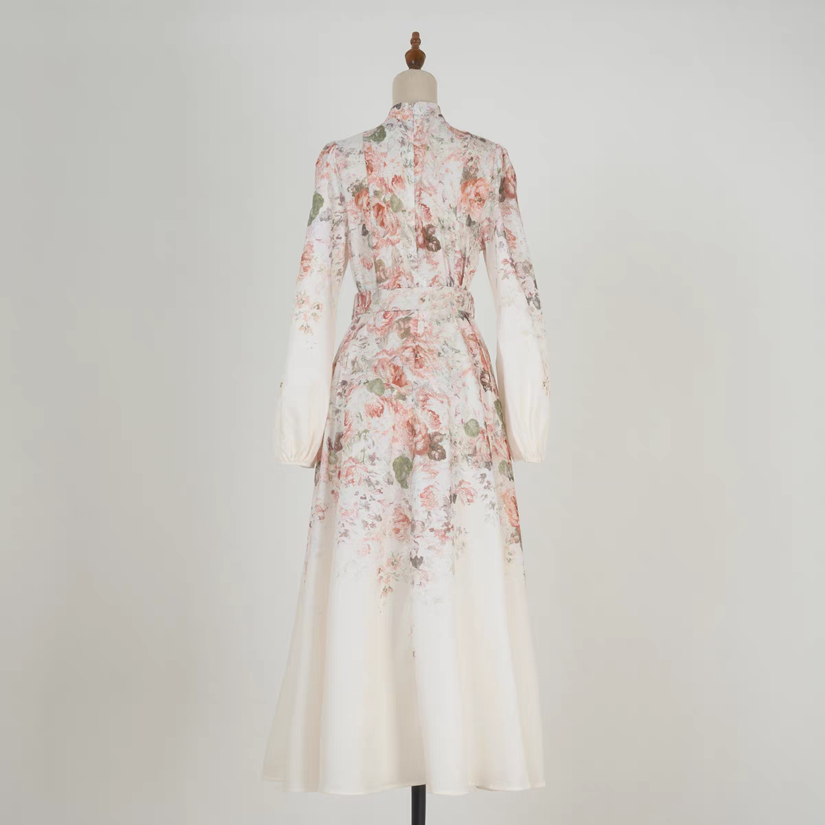 Pink Flower Stand Collar Lantern Sleeve Dress
