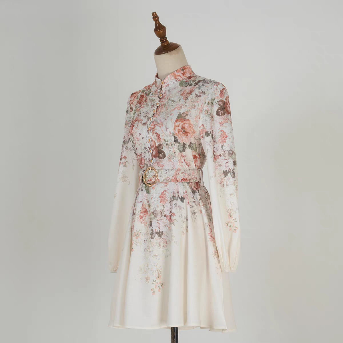 Pink Flower Stand Collar Lantern Sleeve Dress