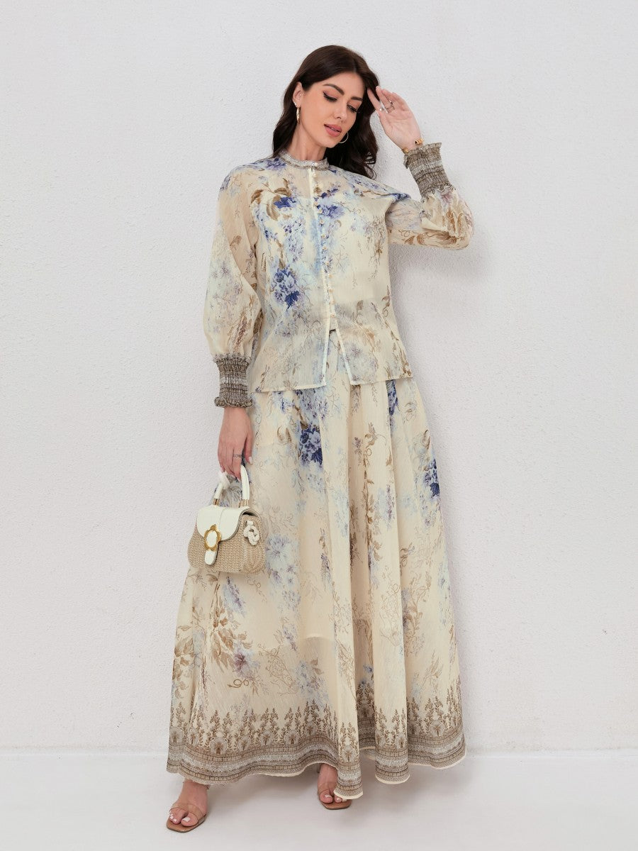Floral Print Long Sleeve Shirt Matching Maxi Skirt Set
